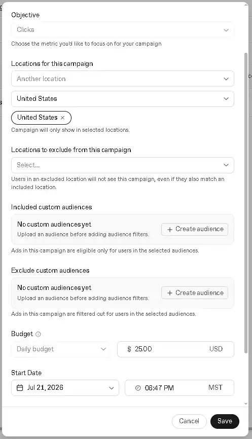 Unlike other ad platforms, the location and audience inclusions/exclusions are configured at the Campaign level with chatGPT ads.