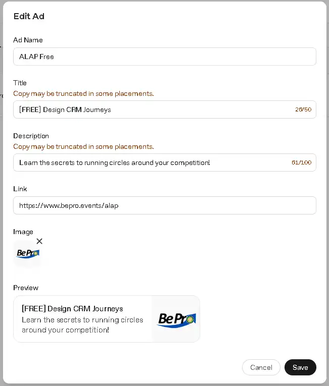 Notice how the ad preview does not truncate any of the headline or description.